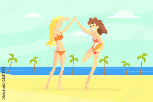 Happy Girls in Swimsuits Having Fun on Beach, Son Enjoying Summer Vacation Vector Illustration