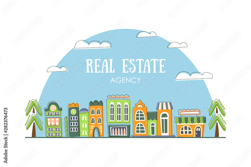 Real Estate Agency Banner Template with Cute Hand Drawn City Street Buildings Vector Illustration