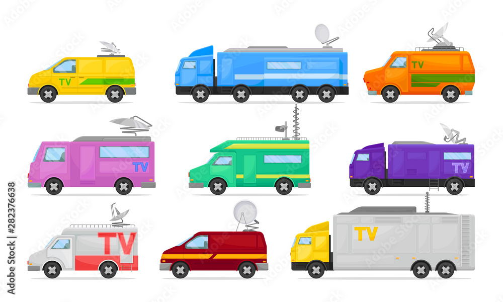Set of TV vans and minibuses. Vector illustration on white background.