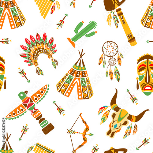 American Indians Seamless Pattern, Ethnic, Tribal Design Element Can Be Used for Textile, Wallpaper, Packaging, Background Vector Illustration