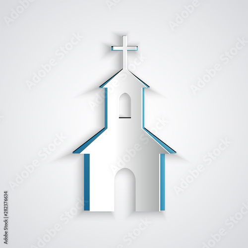 Paper cut Church building icon isolated on grey background. Christian Church. Religion of church. Paper art style. Vector Illustration