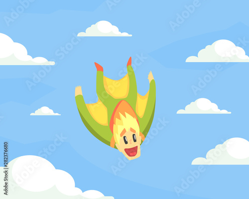 Man Wearing Wing Suit Flying in Sky, Skydiving Extreme Sport Vector Illustration