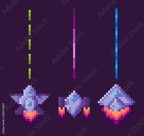 Space pixel art, isolated spaceship with traces on sky. Fight arcade game pixelated image of transportation, galaxy themed graphics, 8 bit. Platformer video-game. Retro computer arcades, app gemes