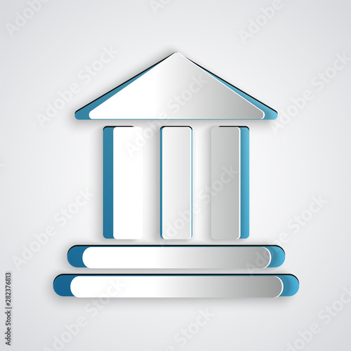 Paper cut Bank building icon isolated on grey background. Paper art style. Vector Illustration
