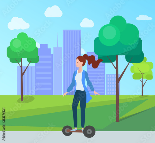 Woman riding on electric scooter in green city park with trees and houses on background. Vector cartoon style girl on self-balancing board, new hoverboard gadget