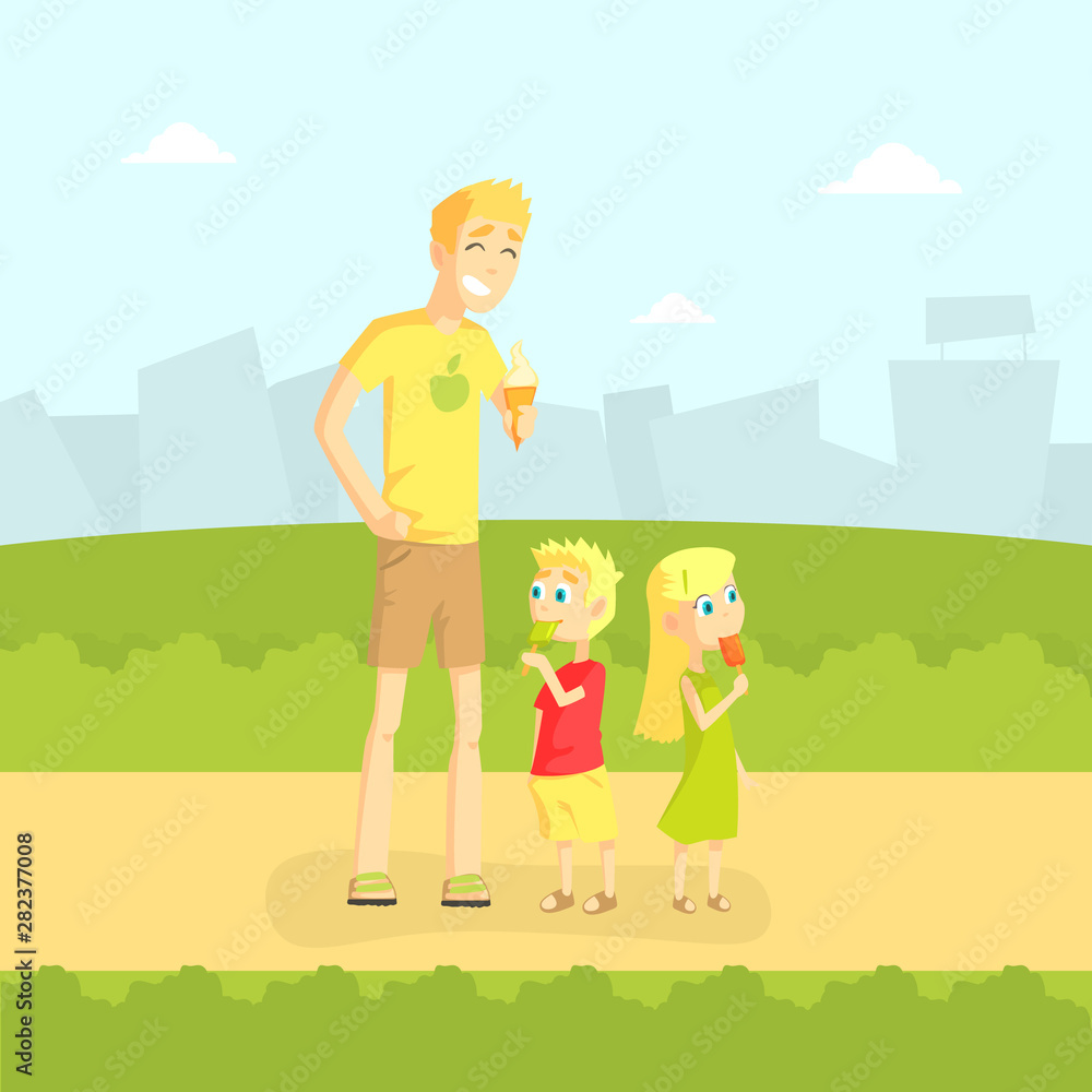 Cheerful Father, Son and Daughter Walking in Park Outdoor with Cityscape Background, Cute Little Kids Eating Ice Cream Vector Illustration