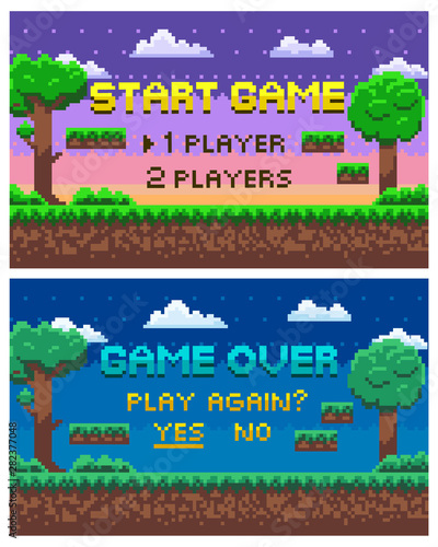 Game over scenes for fights and places of leaves, evening and night views, players option between one or two gamers, pixel trees and stars, clouds. Platformer video-game. 8 bit pixelated art app gemes