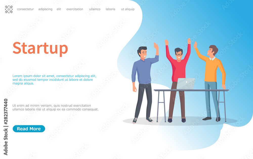 Successful startup of programmers vector. People working on business project, achieving results, laptop on table, technology advancement in office. Website or webpage template, landing page flat style Successful startup of programmers vector. People working on business project, achieving results, laptop on table, technology advancement in office. Website or webpage template, landing page flat style