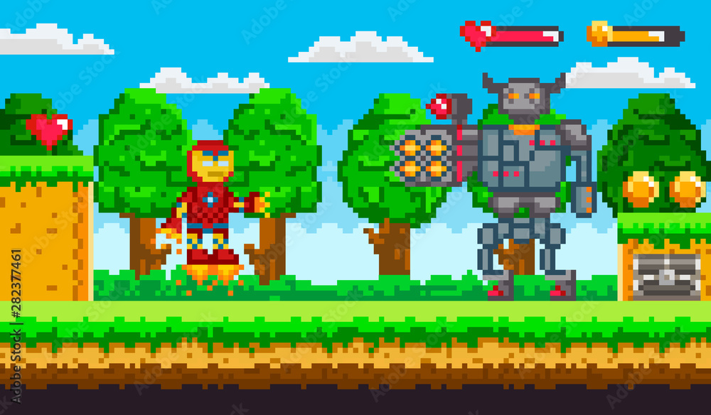 Pixel art 8 bit game ranger or robot and minotaur fighting. Old retro  computer game or arcade characters, warriors, monsters with firearms  vector. Platformer video-game. Pixelated app gemes Stock Vector | Adobe