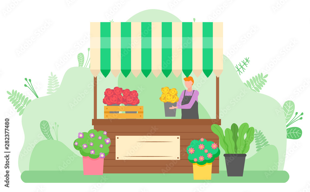 Woman selling flowers and plants in pots on street. Female florist making colorful bouquets and putting them in vases in park. Floriculture and garden tillage vector