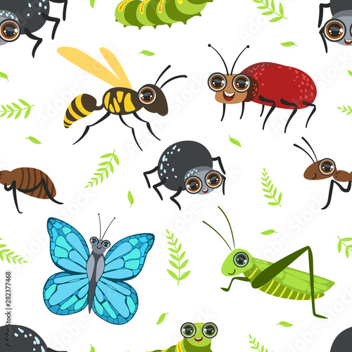 Seamless Pattern with Butterflies and Beetles, Bug, Grasshopper, Caterpillar, Ant, Wasp, Design Element Can Be Used for Wallpaper, Packaging, Background Vector Illustration © topvectors