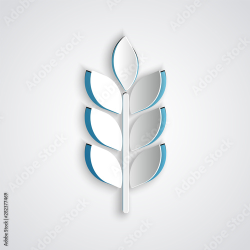 Paper cut Cereals set with rice, wheat, corn, oats, rye, barley icon isolated on grey background. Ears of wheat bread symbols. Agriculture wheat. Paper art style. Vector Illustration