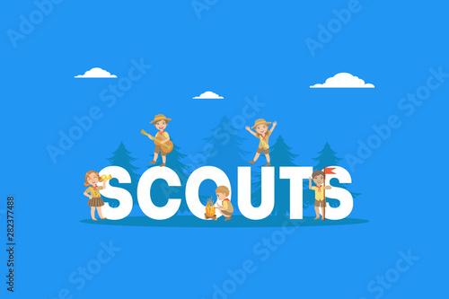 Scouts Word with Giant Letters Banner Template, Kids Scouts in Uniform Camping Vector Illustration