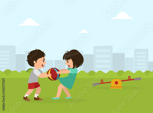 Boy and Girl Fighting for Ball, Bad Behavior, Conflict Between Kids, Vector Illustration