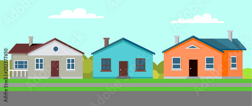 Quiet town with several buildings vector, residence and estate with greenery and lawns, homes built in traditional suburban style by long road flat style