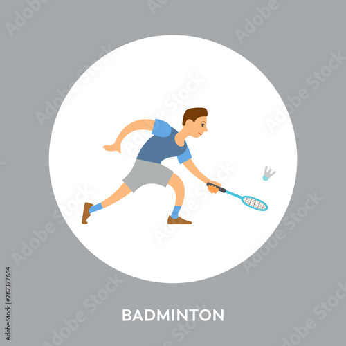 Racquet sport competitors on tournament. Badminton player with racket hitting shuttlecock or birdie cartoon character in round frame. Vector men hitting bird