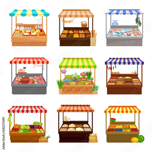Set of market tents. Vector illustration on white background.