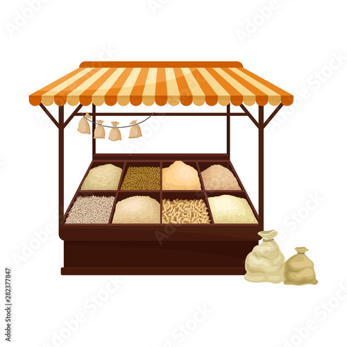 Market tent selling nuts. Vector illustration on white background.