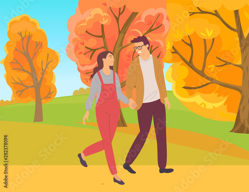 People in love vector  man and woman walking together holding hands of each other  wife and husband  boyfriend and girlfriend  strolling outdoors