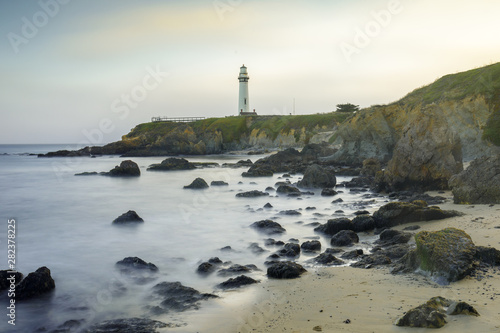 Sunset over Pigeon Point Light House and Hostel Viewed from the South. Pescadero, San Mateo County, California, USA. © Yuval Helfman