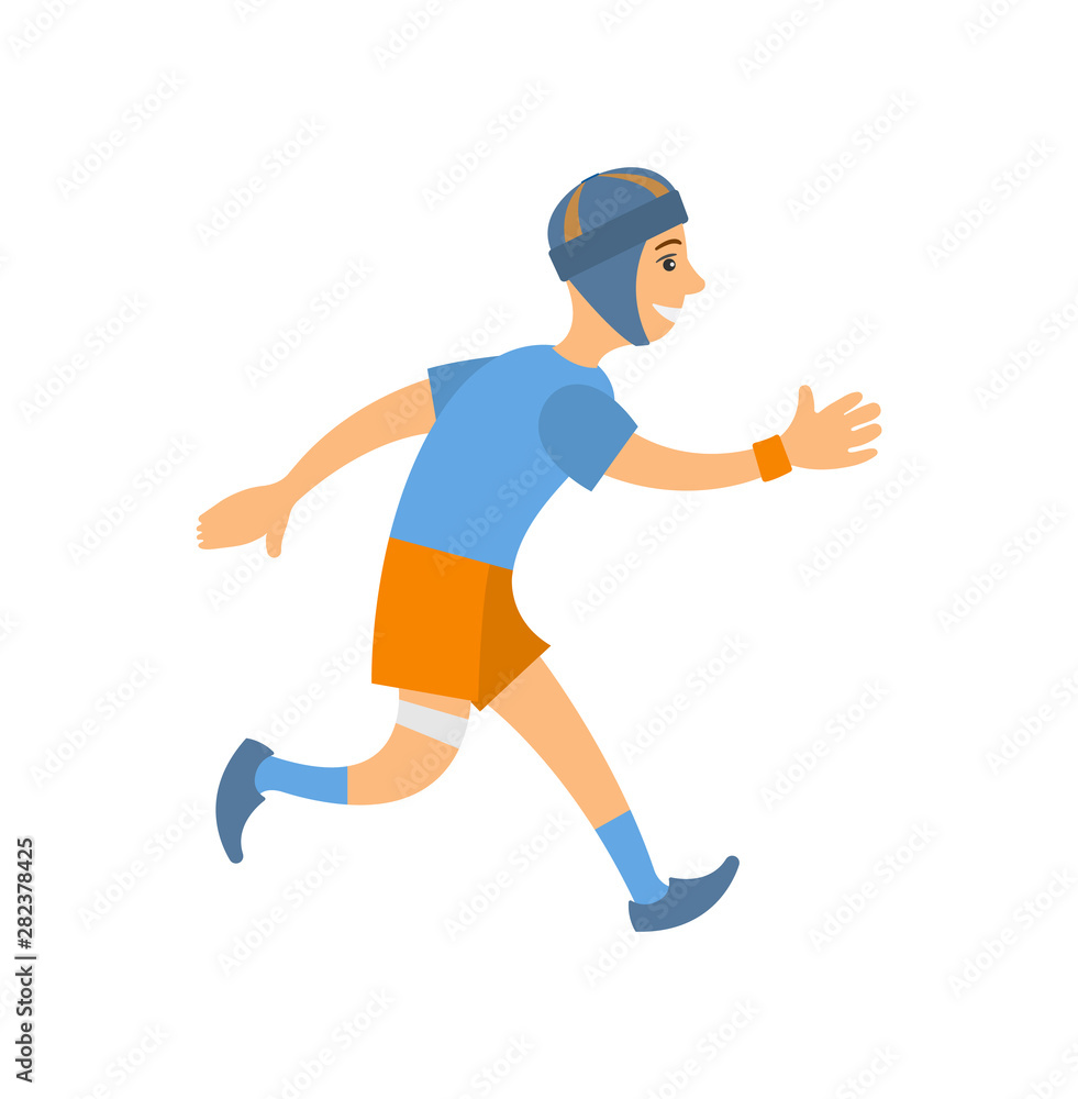 Man in blue t-shirt , shorts and socks run marathon, jogging man in helmet, flat style. Vector jogger or rugby runner in uniform running isolated person Man in blue t-shirt , shorts and socks run marathon, jogging man in helmet, flat style. Vector jogger or rugby runner in uniform running isolated person
