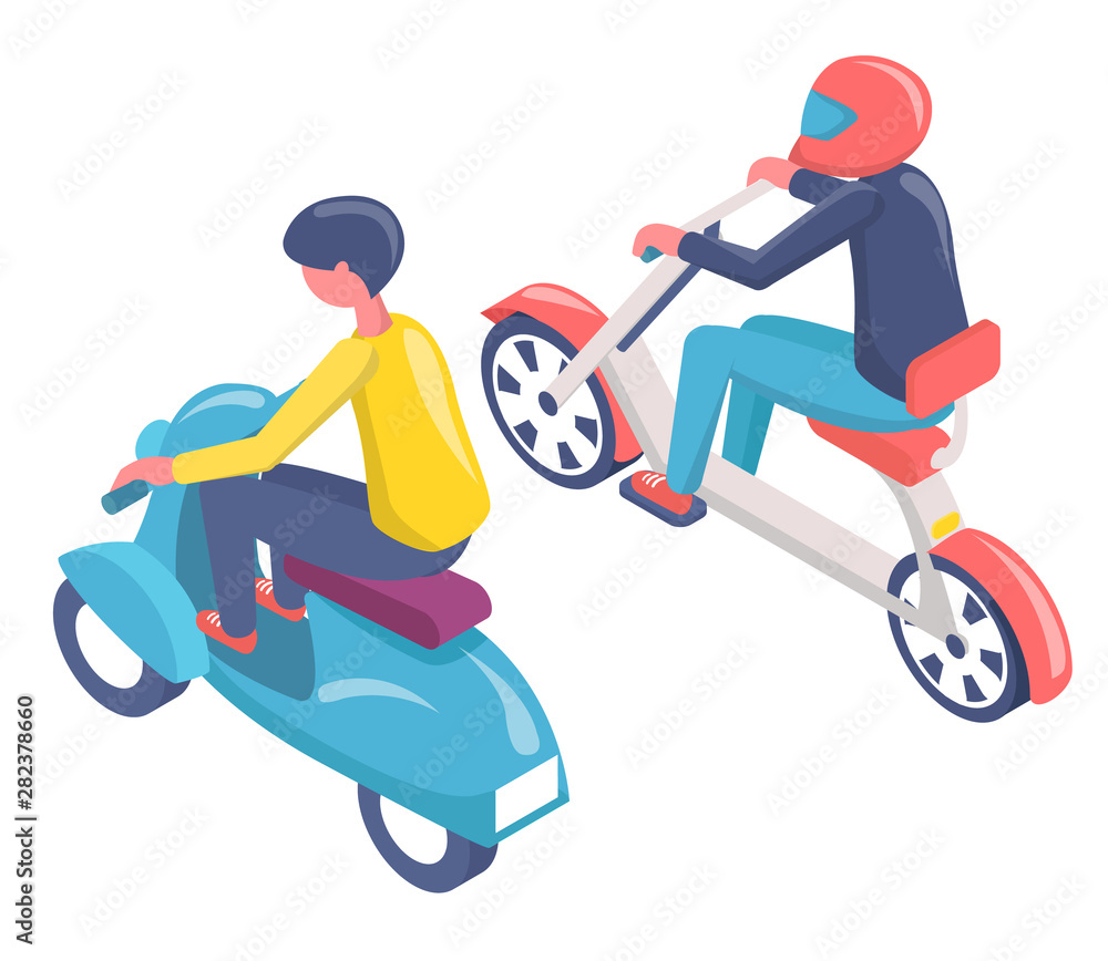 People traveling on scooter, back view of men character sitting on bike,  person in helmet, driver in casual clothes driving urban transport vector  Stock Vector | Adobe Stock