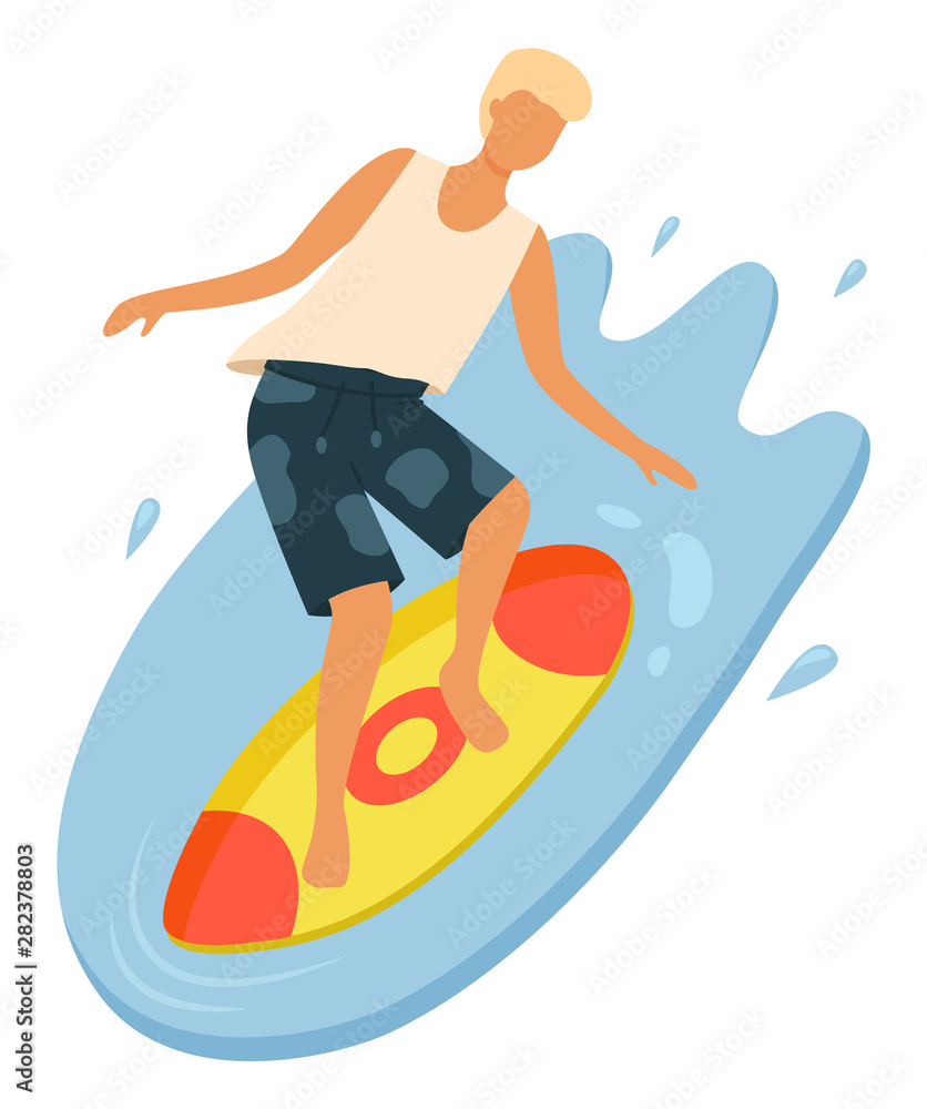 Male surfer balancing on board. Young boy with blonde hair wearing t-shirt and shorts surfing in ocean. Guy in swimming trunks doing water sport vector. Summertime activity