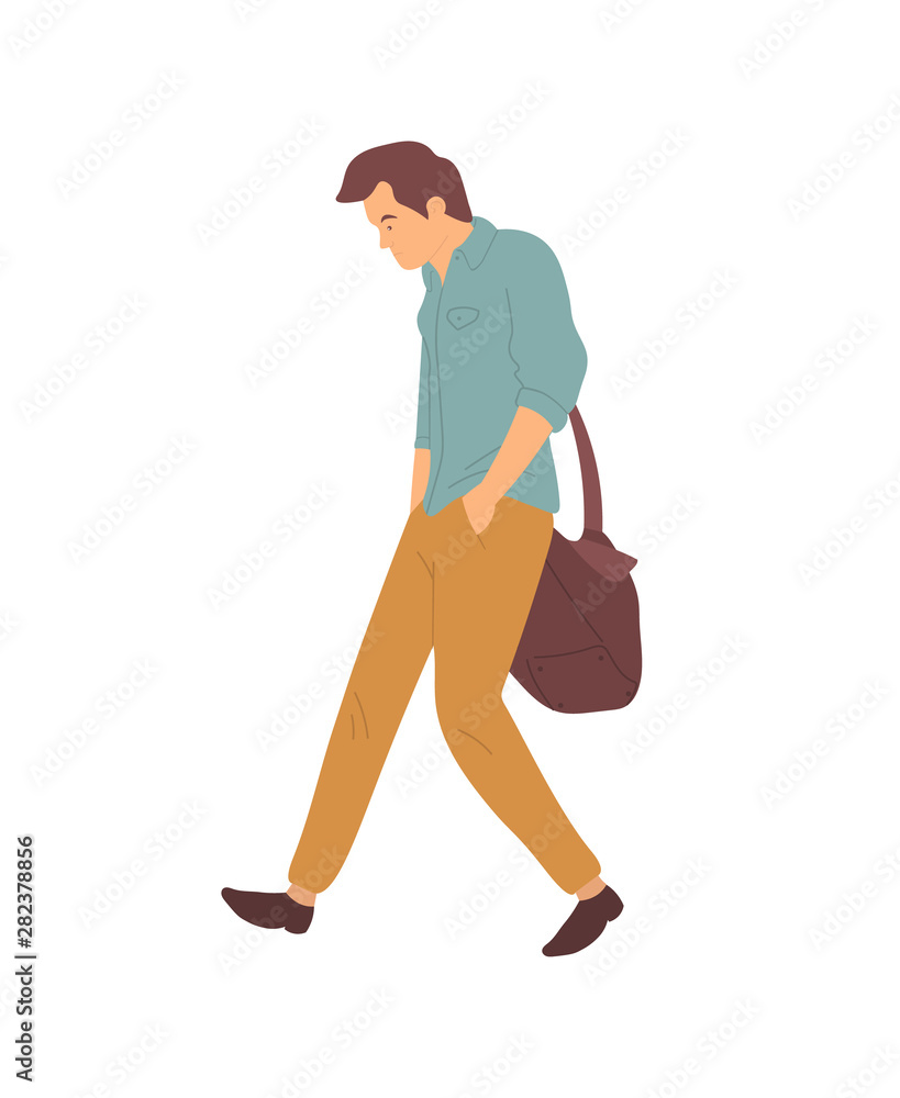 Upset man after quarrel walking in bad mood. Vector person in cartoon style, problems at work or in family relationships. Guy with sack side view