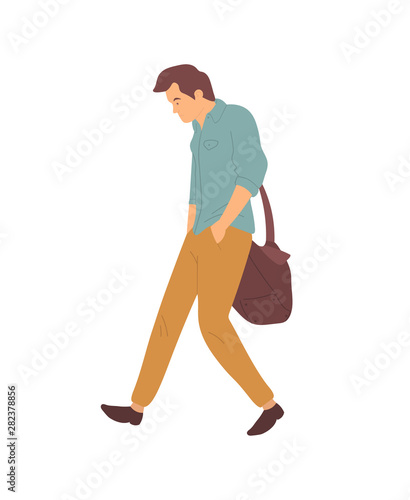 Upset man after quarrel walking in bad mood. Vector person in cartoon style, problems at work or in family relationships. Guy with sack side view