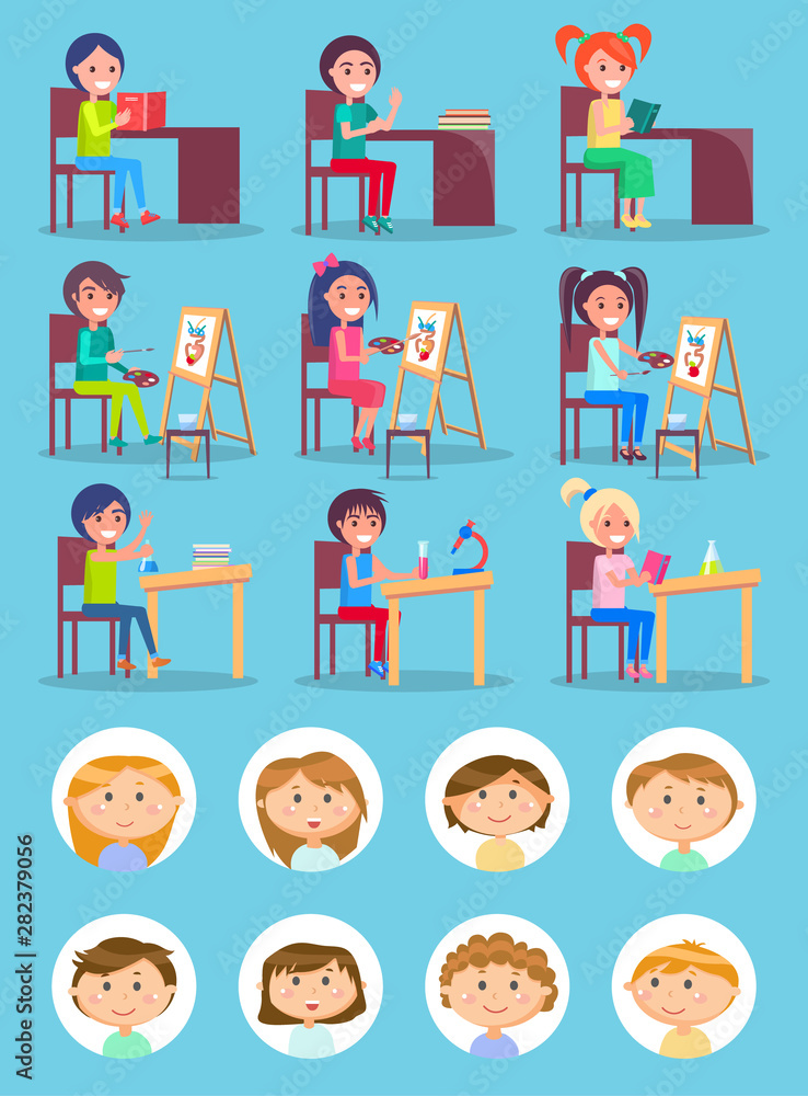 Pupils at art and chemistry or literature lessons, school children vector. Textbooks and painting easel, flasks and microscope, boys and girls avatars. Kids in art school. Back to school