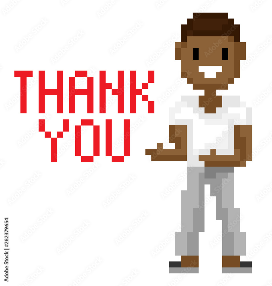 Obraz premium Thank you web page of pixel game, portrait and full length view of smiling pixelated man, male character shooting, geometric and retro platform, interface vector