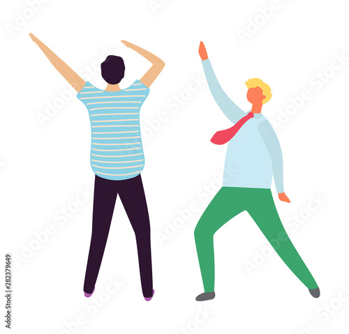 Dancing men isolated on white, back and front view. Vector Guys in dance, positive people having fun, males in flat design cartoon style, clubbers in motion
