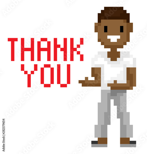 Thank you web page of pixel game, portrait and full length view of smiling pixelated man, male character shooting, geometric and retro platform, interface vector