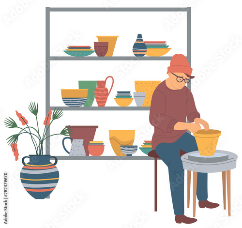 Portrait view of sitting potter making form of bowl. Person molding clay pot. shelf with handmade crockeries and plant, man indoor, craft hobby vector