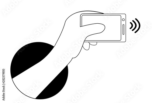 Mobile payments with smartphone. Hand from black dark hole. Near field communication payment terminal concept. Online transactions, paypass and NFC. Smartphone and wireless paying symbol.