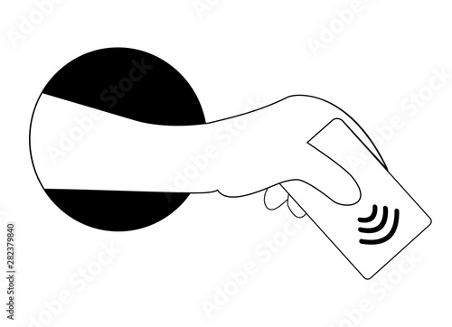 A hand from a round black hole holds a contactless and wireless payment card. Concept pay pass and NFC
