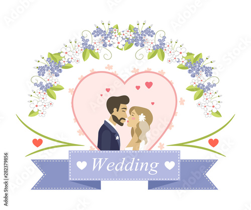 Wedding postcard or invitation of kissing man and woman, side view of groom and bride in heart shape with flowers, newlyweds characters, married vector