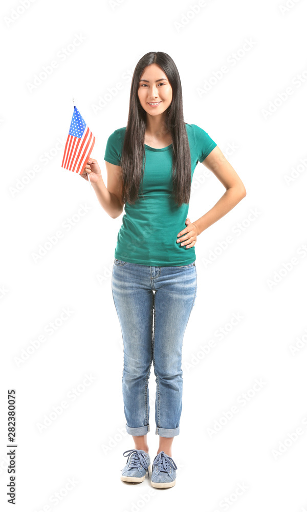 Young Asian woman with USA flag on white background Young Asian woman with USA flag on white background