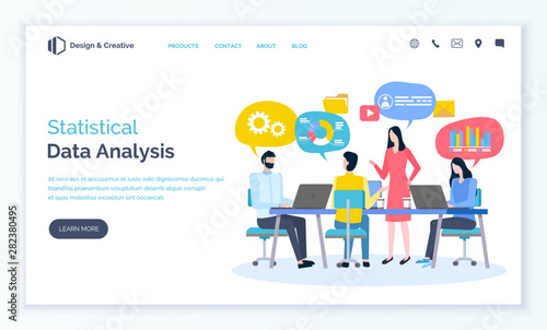 Statistical data analysis vector, people working on concept. Meeting of professionals sharing ideas and thoughts brainstorming character. Website or webpage template, landing page flat style