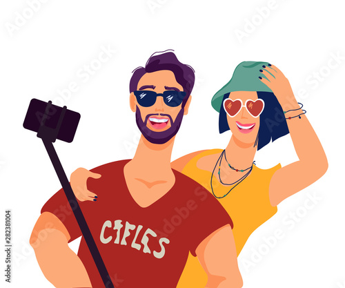 People taking selfie using a smartphone and stick flat vector illustration isolated.