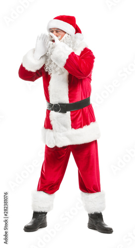 Portrait of Santa Claus calling for someone on white background