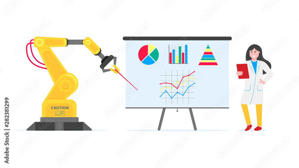 Robotic arm flat style design vector illustration icons signs isolated on white background. Robot arm or hand do report on flip chart infographics. Modern smart industry 4.0 technology. Robotic arm flat style design vector illustration icons signs isolated on white background. Robot arm or hand do report on flip chart infographics. Modern smart industry 4.0 technology.