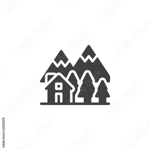 Country house in the forest vector icon. filled flat sign for mobile concept and web design. Cottage home with trees and mountains glyph icon. Symbol, logo illustration. Vector graphics