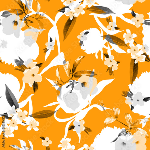 Seamless floral pattern on orange background, asian style.
