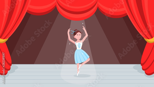 Open red curtains theater or ballet dance scene with price, curtains, scenery and young beautiful ballerina dressed in tutu and pointe shoes standing at the pose flat style design vector illustration.