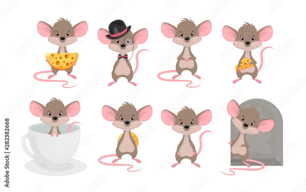 Set a cute mouse in different situations. Animals cartoon character rat  vector illustration on white background Stock Vector | Adobe Stock