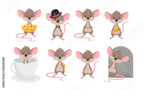 Set a cute mouse in different situations. Animals cartoon character rat vector illustration on white background