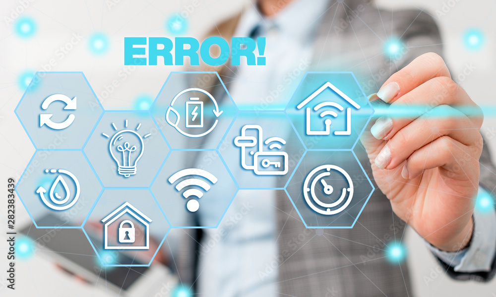 Word writing text Error. Business photo showcasing state or condition of being wrong in conduct judgement or program Female human wear formal work suit presenting presentation use smart device Word writing text Error. Business photo showcasing state or condition of being wrong in conduct judgement or program Female human wear formal work suit presenting presentation use smart device