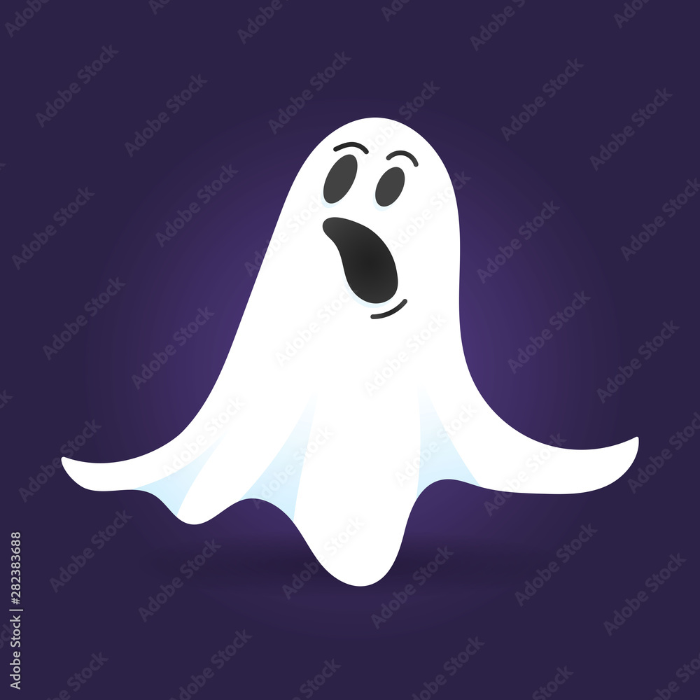 Obraz premium Cute ghost character flat style design vector illustration isolated on dark background. Halloween boo spooky symbol flying above the ground.