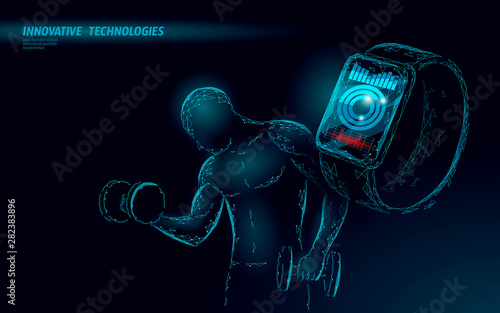Strong sportsman weight 3D polygonal fitness tracker concept. Low poly smart watches sport app monitor Male dumbbell training strength athletic arm. Bodybuilding workout vector illustration